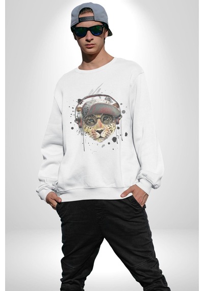 Pop Art Kaplan Müzik Kulaklık Güneş Gözlüğü Unisex Beyaz Baskılı Sweatshirt Beyaz