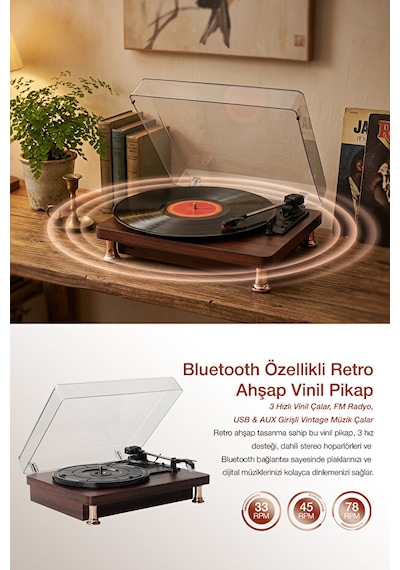 Bluetooth Aux Iğne Dahil Hoparlörlü Pikap Plak Çalar Ahşap