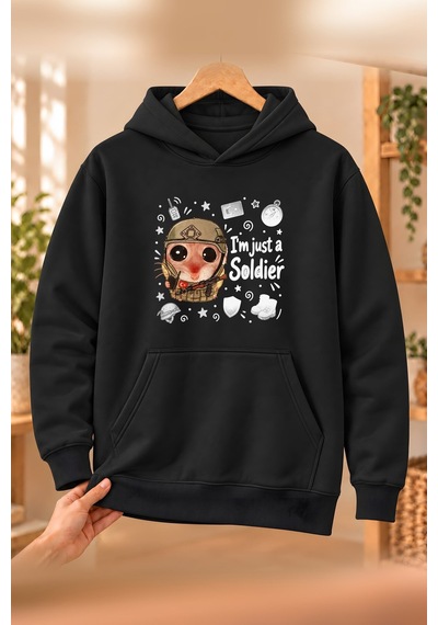 Mor Mürekkep Sad Hamster Asker Soldier Baskılı Erkek Kapüşonlu Sweatshirt - Siyah Mor Mürekkep Sad Hamster Asker Soldier Baskılı Erkek Kapüşonlu Sweatshirt - Siyah