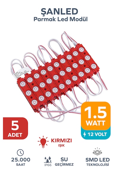 3 Ledli Parmak Led Modül 1.5w 2835 Smd Mercekli Kırmızı Renk 12v 5 Adet
