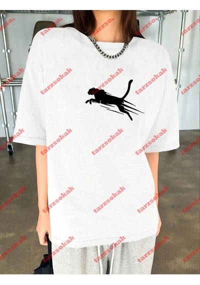 Tarzsokak Unisex Jaguar Baskılı Tshirt Beyaz Beyaz