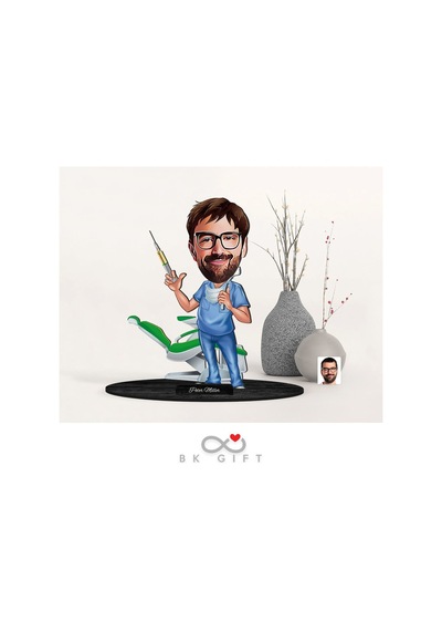 BK Gift Kişiye Özel Erkek Diş Hekimi Karikatürlü Ahşap Biblo-4