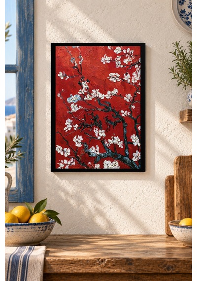 Beyaz Çiçekli Kırmızı Dal Desenli Dekoratif Mdf Tablo, Çerçeve Görünümlü Ahşap Poster