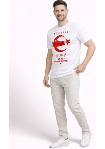 Veraura Lifestyle Erkek Türkiye Ay Yıldız Baskılı Taraftar Forma T-shirt - Beyaz