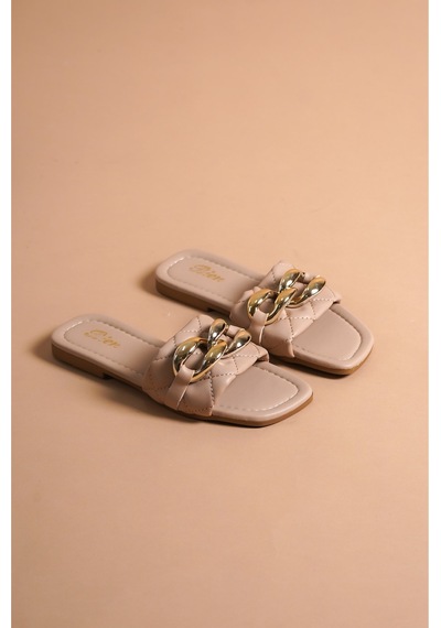 Munora Butik Gold Zincir Detaylı Nude Terlik Nude Nude