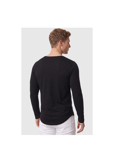 Deepsea Erkek Siyah %95 Pamuk Slim Fit Kesik Açık Yaka Likralı Penye Sweatshirt Oval Kesim 2602299