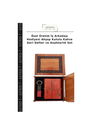 Özel Üretim İş Arkadaşı Hediyesi Ahşap Kutulu Kahve Deri Defter Ve Anahtarlık Set Çok Renkli