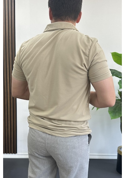 Erkek Yakası Ve Kolu Nakış Detaylı Polo Yaka Fermuarlı Tişört Vizon Edw392 Vizon