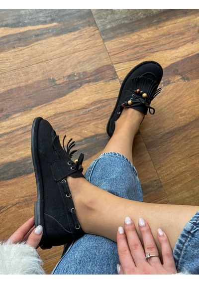 Erva'nın Butiği Siyah Süet Shake Saraçlı Boncuk Detay Kadın Loafer-6016