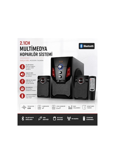 Ts-21 Hoparlör 2.1 Kanal 2+1 Ses Sistemi Fm Radyo Sd Kart Usb Bluetooth Uzaktan Kumandalı Subwoofer Hoparlör Ev Sinema Sistemi
