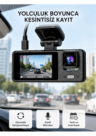 3 Kameralı Araç Dvr 1080p Ön + Hd Arka + İç Kamera Döngü Kayıt 2 Ekran Najmaddin