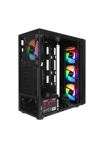 Everest Faced V3 500 W 4x12 CM RGB Fan ATX TempeRr Camlı Mid Tower Oyuncu Kasası Siyah