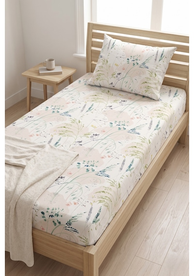Makiteks %100 Pamuklu Çiçekli 120x200 Tek Kişilik Lastikli Çarşaf Bohem Tarz Doğal Bitki Desenli Krem