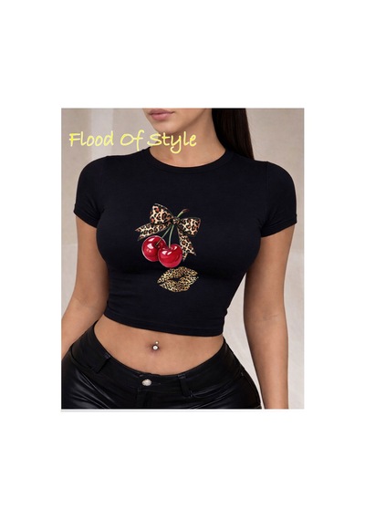 Flood Of Style Siyah Babby Tee Kiraz Kurdale Dudak Özel Tasarım