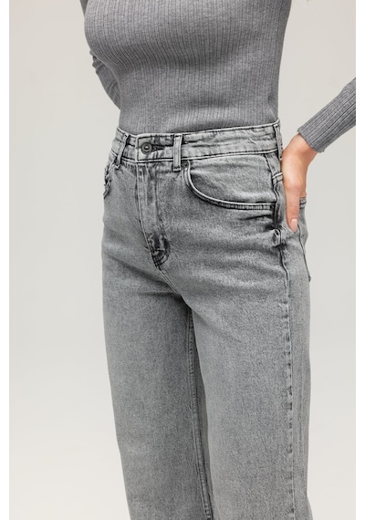 Sââde Kadın Yüksek Bel Wide Leg Jean Pantolon - Paça Detaylı Gri