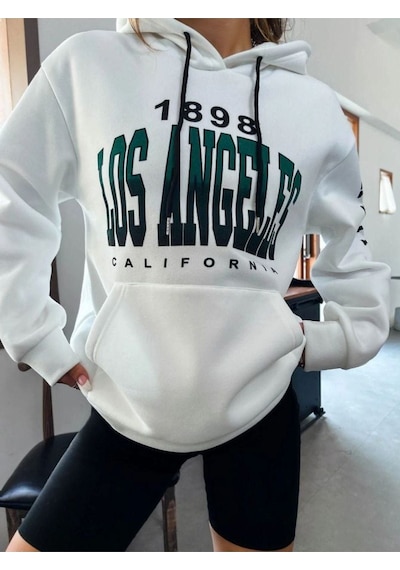 Altamira Unisex Beyaz Los Angeles Kol Baskılı Kapşonlu Oversize Sweatshirt 001