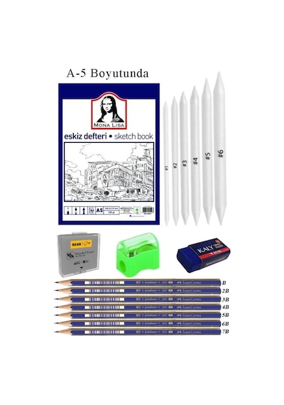 Eskiz Defteri A5 50 Yaprak Karakalem Çizim Seti Gölgelendirme Kalemi Hamur Silgi Faber Castell Dereceli Kalem