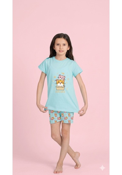 Elmas Kids Kız Çocuk Yazlık Şortlu Pijama Takım Kedi Elm-4214 Mint