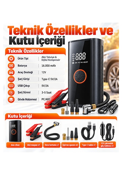 Akü Takviye Cihazı 12v Dijital Hava Kompresörü 16000 Mah Powerbank Otomatik Durdurma Led Sos Çok Amaçlı Şişirme Pompası