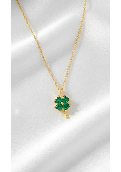 Çekirdekjewelry 925 Ayar Gümüş Ürün Zümrüt Taşlı Yonca Kolye Sarı