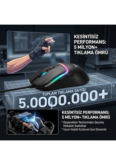 Rgb Gaming Kablolu Mouse Siyah 725 Optik Sensörlü Yüksek Hassasiyetli Makrolu Ergonomik Örgü Kablo Diğer