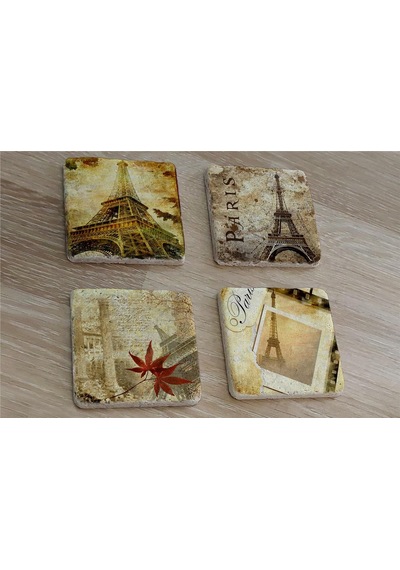 Kolaj Eyfel Ve Paris Doğal Taş Bardak Altlığı 4'lü Set - Natural Stone Coasters - Taş Çok Renkli