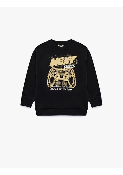 Koton Oyun Temalı Baskılı Uzun Kollu Bisiklet Yaka Şardonlu Sweatshirt Siyah 7wkb10458tk