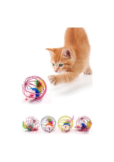 Buffer Renkli Metal Kafesli Peluş Fareli Kedi Köpek Oyun Topu 6 CM
