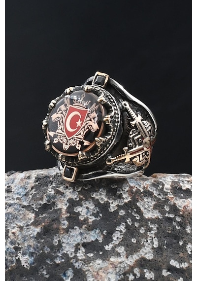 Özel Tasarım Bozkurt - Kurt Ve Ay Yıldızlı - Ay Yıldız 925 Ayar Gümüş Yüzüğü 902961
