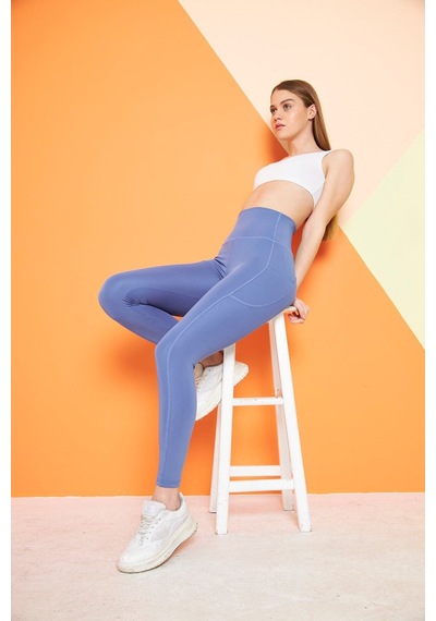 Thıff Gymwear Yüksek Bel Sıkılaştırıcı Toparlayıcı Push-up Çift Cepli Bilek Hizasında Spor Tayt Mavi