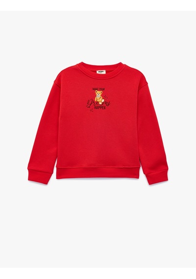 Koton Ayıcık Baskılı Şardonlu Bisiklet Yaka Uzun Kollu Sweatshirt Kırmızı 7wkg10257ak