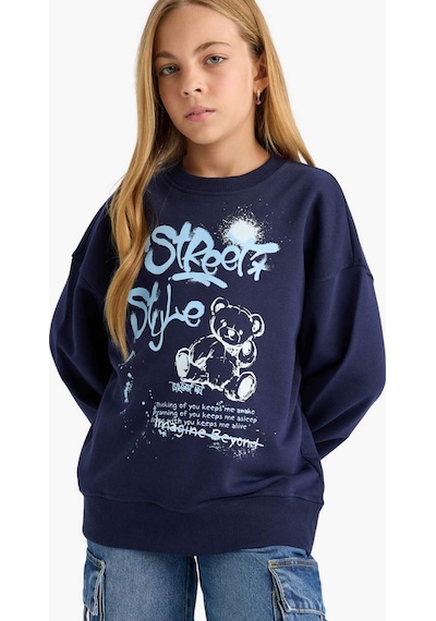 Defacto Kız Çocuk Oversize Geniş Kalıp Bisiklet Yaka Baskılı Sweatshirt E6755a825aunv241 Lacivert