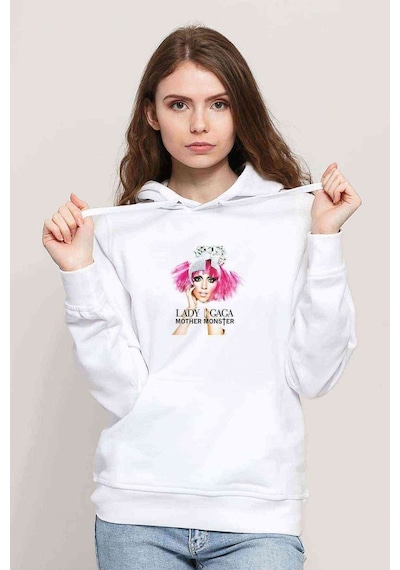 Lady Gaga Mother Monster Baskılı Beyaz Kadın Kapşonlu Sweatshirt