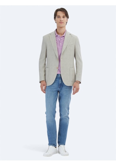 Kip Açık Haki Desenli Modern Fit Keten Karışımlı Ceket Açık Haki