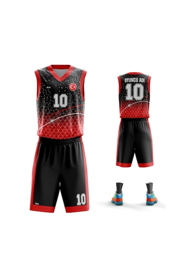 Basketbol Forması Kırmızı & Siyah Model B2402 - Kişiye Özel İsim Ve Numara Yazılabilir Dijital Baskı Kırmızı
