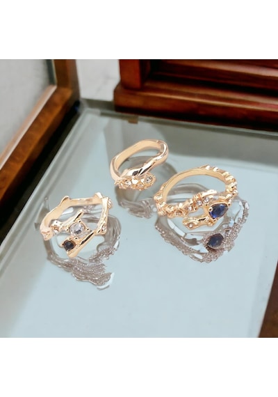 3'lü Modern Vintage Yüzük Seti Altın Renk Gold