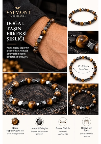 Valmont Kaplan Gözü Ve Parlak Antrasit Hematit Taşlı Erkek Bileklik Kahverengi