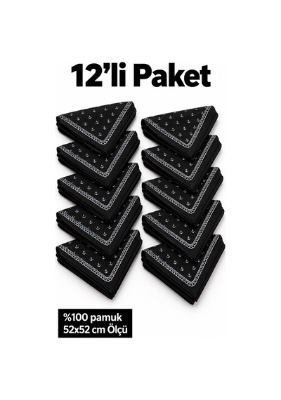 Herşeynota 12'li Siyah Çapa Desenli Fular 52x52 Cm %100 Pamuk Kare Bandana Seti Çok Renkli