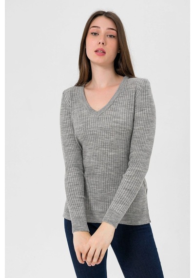 Miss Poem Kadın V Yaka Slim Fit Fitilli Uzun Kışlık Ekru Triko Kazak Gri