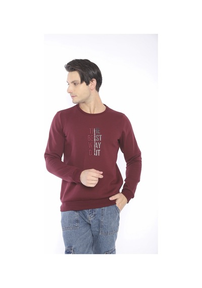 Escetic Erkek Spor Slimfit, Bisiklet Yaka Bordo Sweatshirt-4268 Bordo