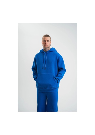 Erkek 3 İplik Oversize Kapşonlu Basic Sweatshirt Hoodie - Mavi