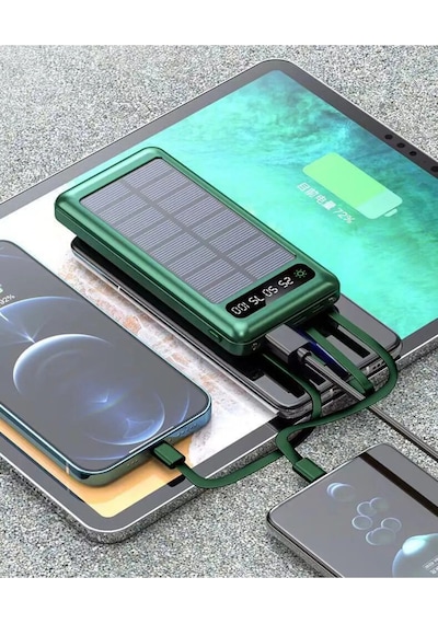 Solar 10.000 Mah Güneş Enerjili Led Işıklı Powerbank Şarj Aleti 2x Usb Çıkışlı Çoklu Kablolu Kahverengi