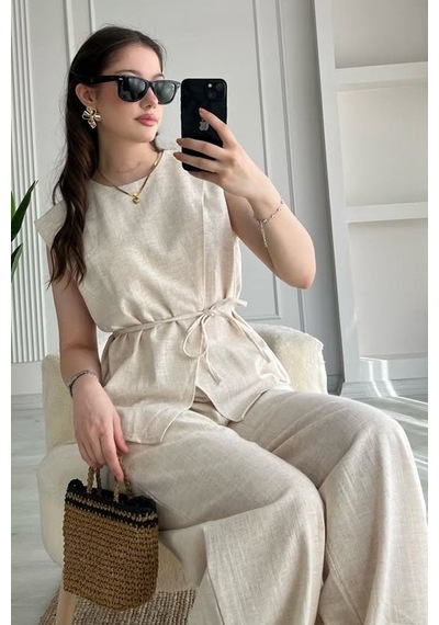 Noa&noa Kadın Keten Takım Kuşaklı Bluz Ve Bol Paça Pantolon İkili Set Bej