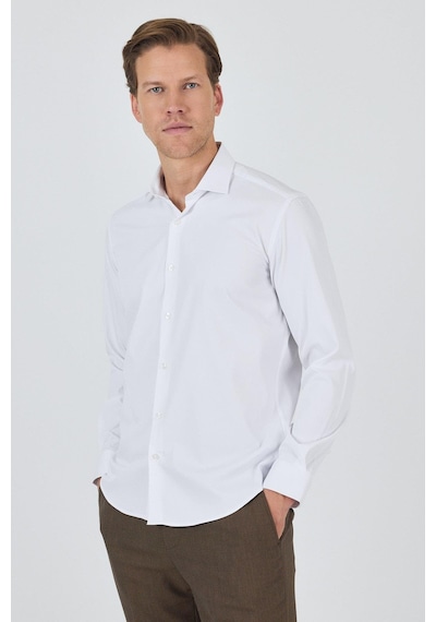 İmza Uzun Kol Düz Bez Ayağı Sert Yaka Cepsiz Pamuklu Classic Slim Fit Gömlek 1004250160 Beyaz