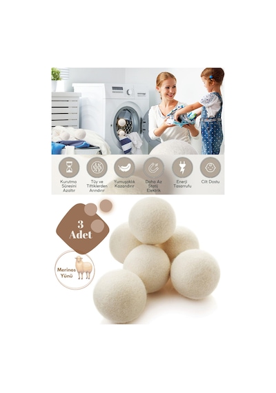 3 Adet Doğal Yün Kurutma Topu - Çamaşır Yumuşatıcı Ve Hızlı Kurutma Cn Diğer