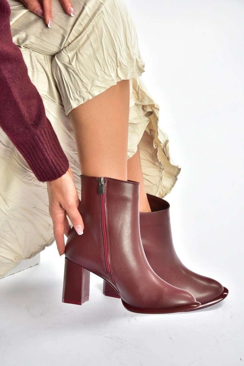 Fox Shoes V590166309 Bordo Kalın Topuklu Klasik Kadın Bot Bordo-suni Deri