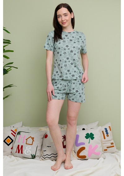 Fullamoda Yıldız Desenli Bisiklet Yaka Şortlu Pijama Takımı Haki