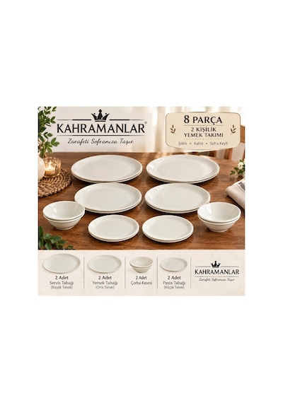 Kahramanlar Katre 8 Parça 2 Kişilik Porselen Yemek Takımı Beyaz