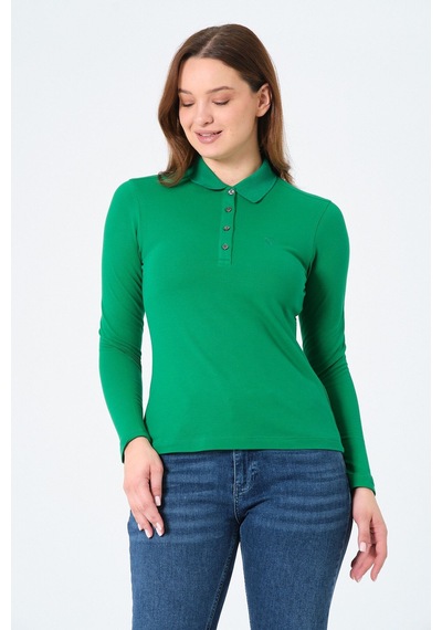Msw Kadın Uzun Kollu Regular Fit Polo Yaka T-shirt Btg Yeşil