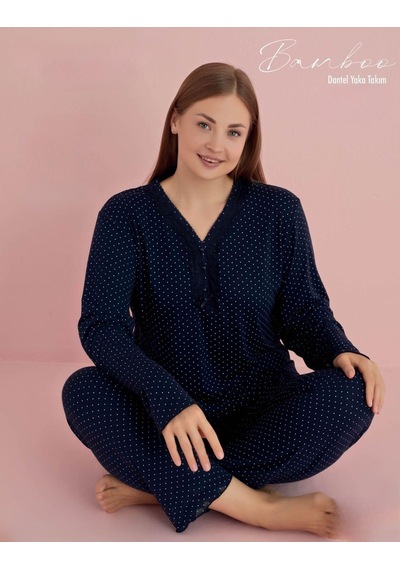 Pijamerry Kadın Büyük Beden Dantel Yaka Bambu Uzun Kol Pijama Takımı 5075 - 1 Adet 001